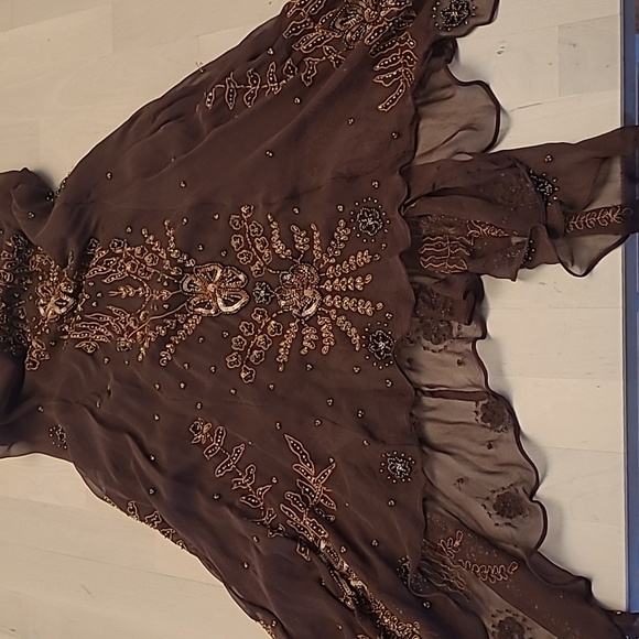 EUC VTG Marina 100% Silk Beaded and Sequined Chocolate Bown Lined Dress - Picture 8 of 17